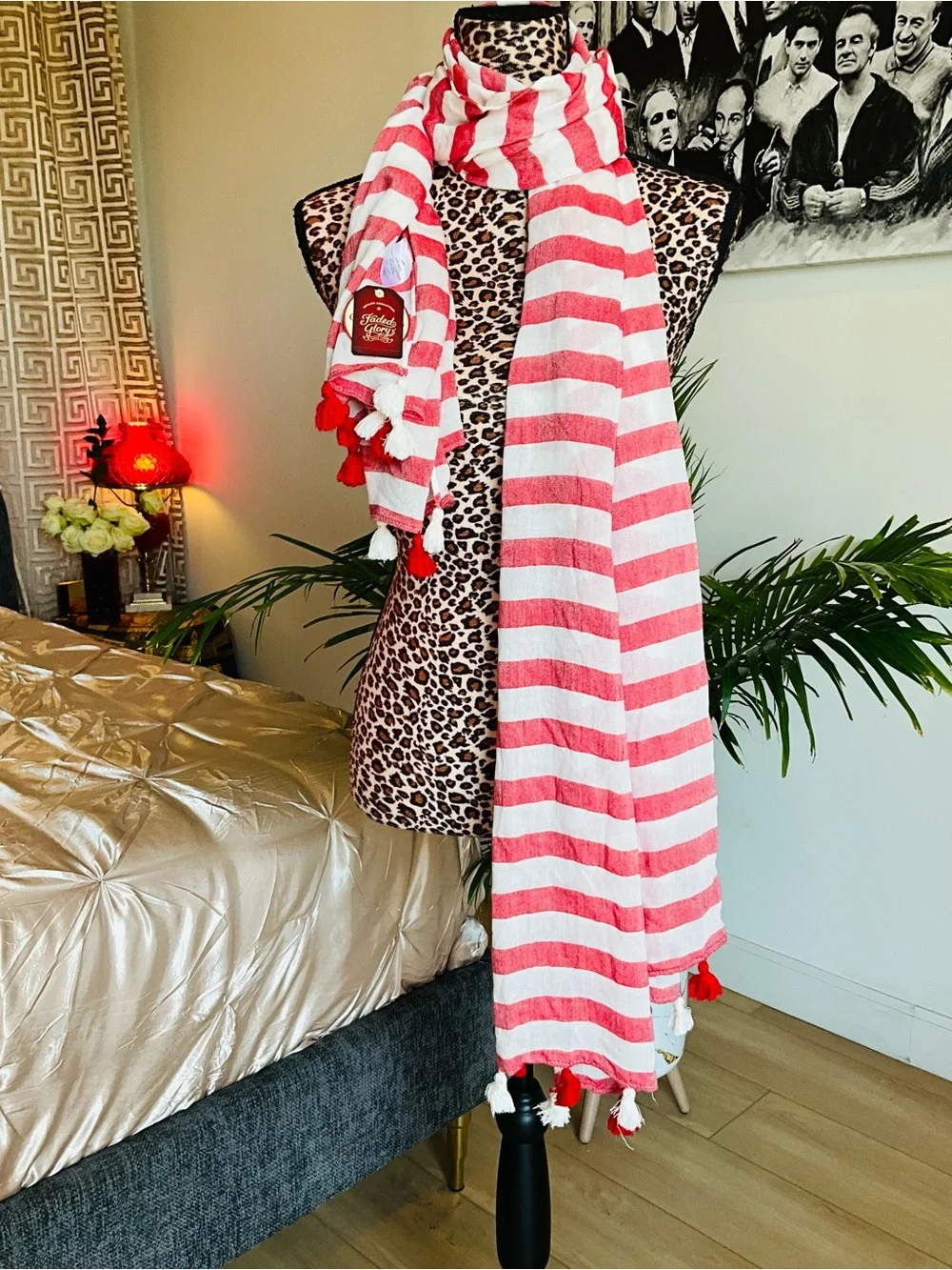 Faded Glory Red and White Striped Tassel Scarf